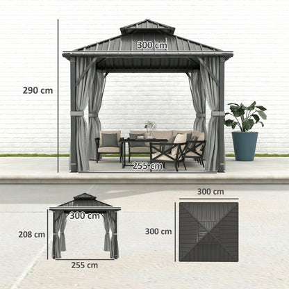 3 x 3(m) Hardtop Gazebo with Metal Roof, Netting and Curtains, Grey