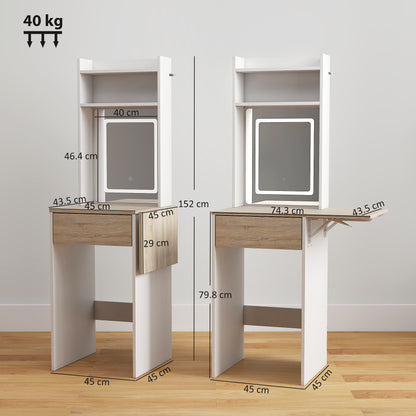 Compact Dressing Table with Lighted Mirror Open Shelves Drawer White