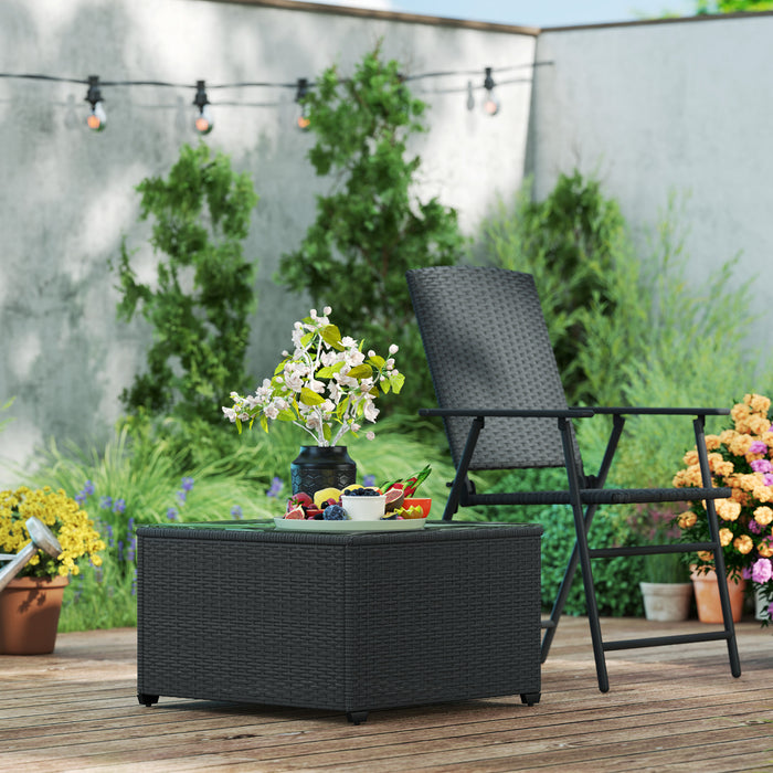 Outdoor Coffee Table with Glass Top, Rattan Side Table, Black