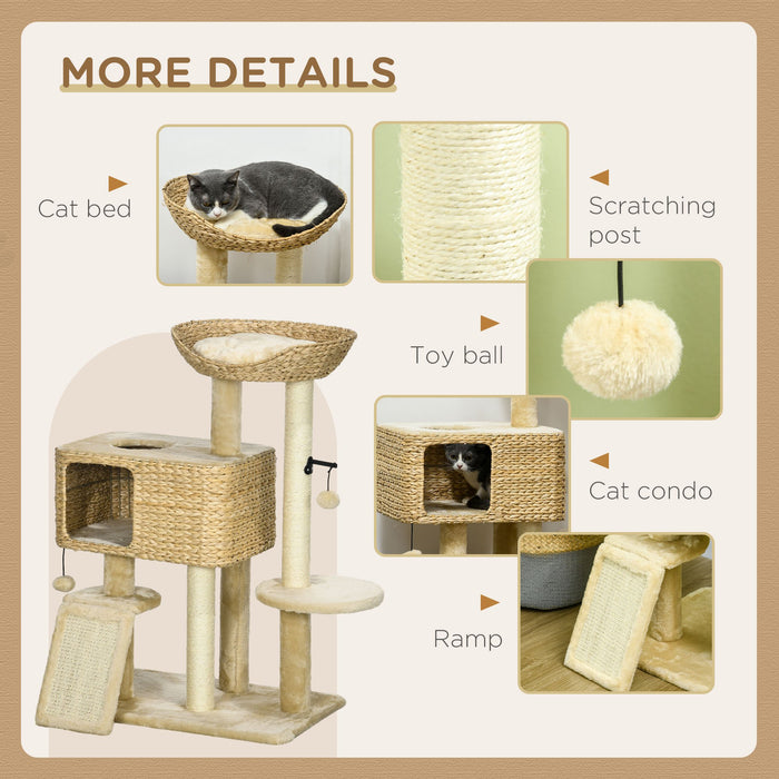 95cm Cat Tree Tower for Indoor Cats, with Scratching Post, Cat House, Toy Ball, Platform - Beige