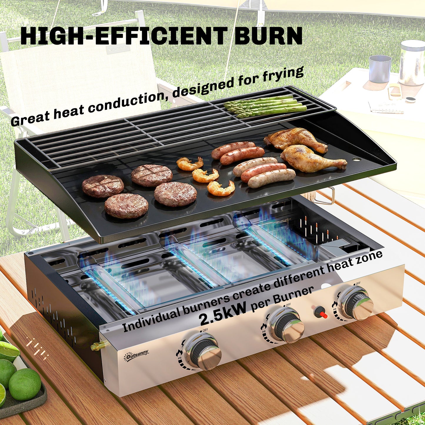 3 Burner Grill Griddle, Tabletop Gas BBQ with Grease Cup, Black
