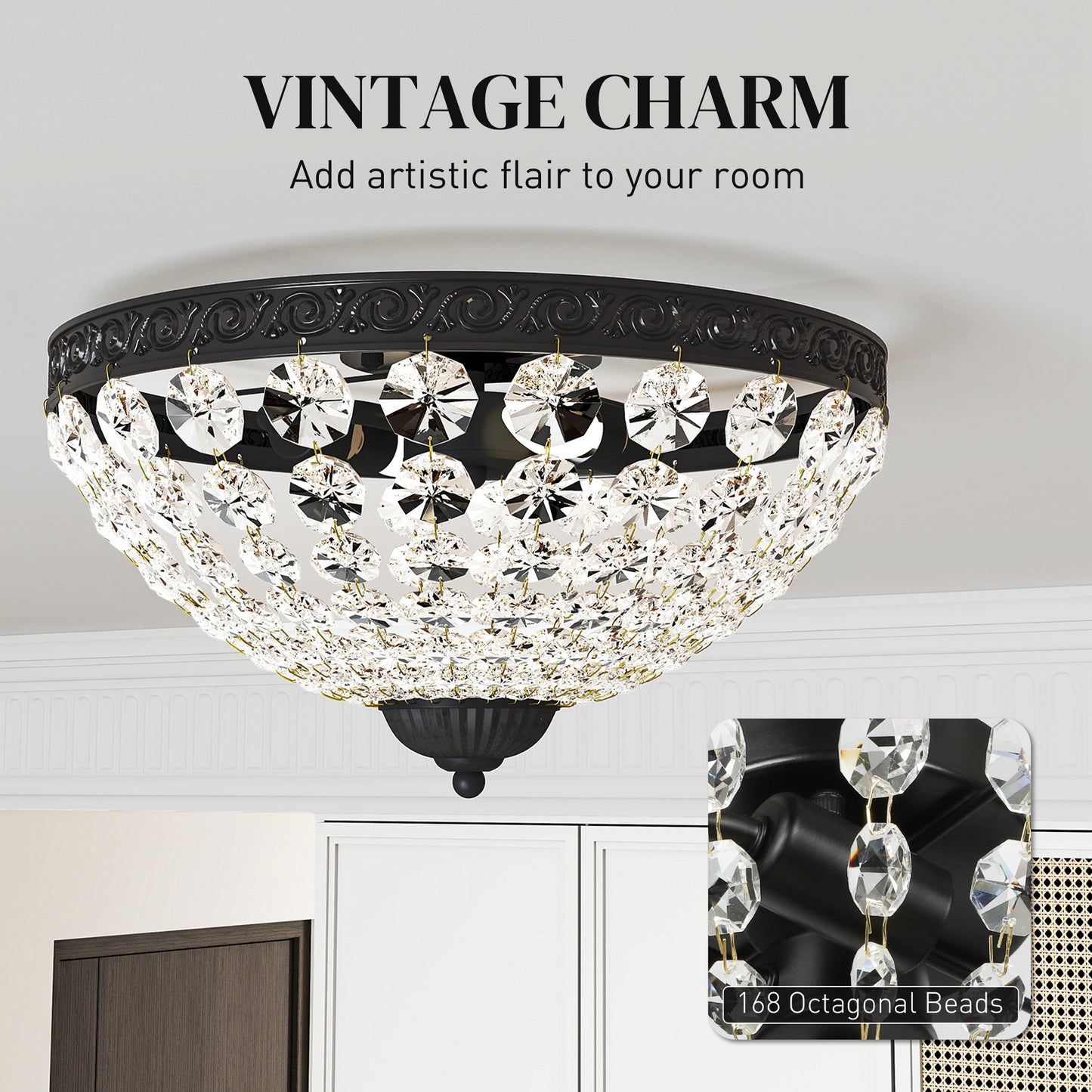 Chandelier Crystal Ceiling Light with E14 Base 2-Lights, Black
