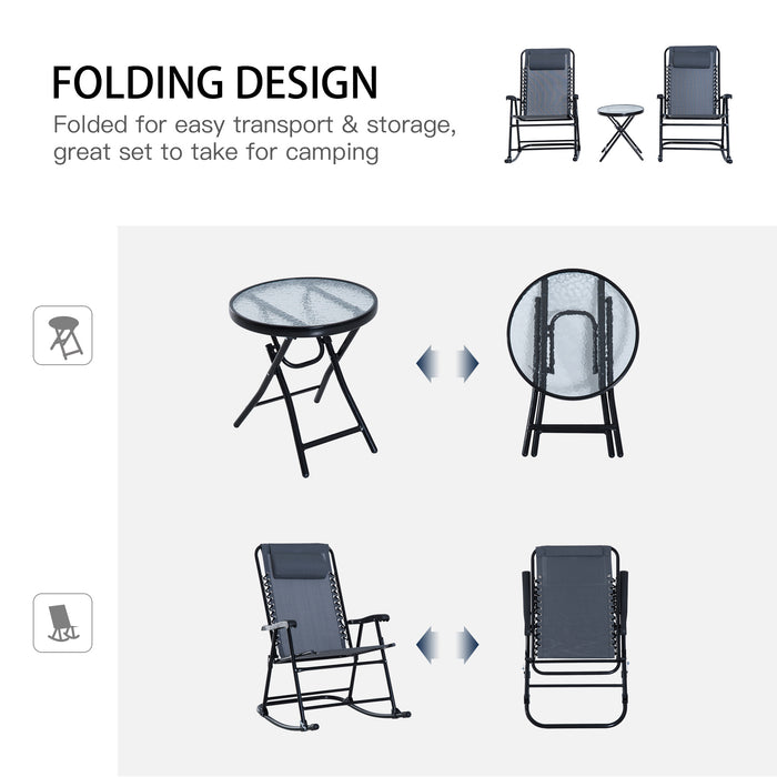 3 Piece Outdoor Rocking Set with 2 Folding Chairs and 1 Tempered Glass Table, Patio Bistro Set for Garden, Deck, Grey