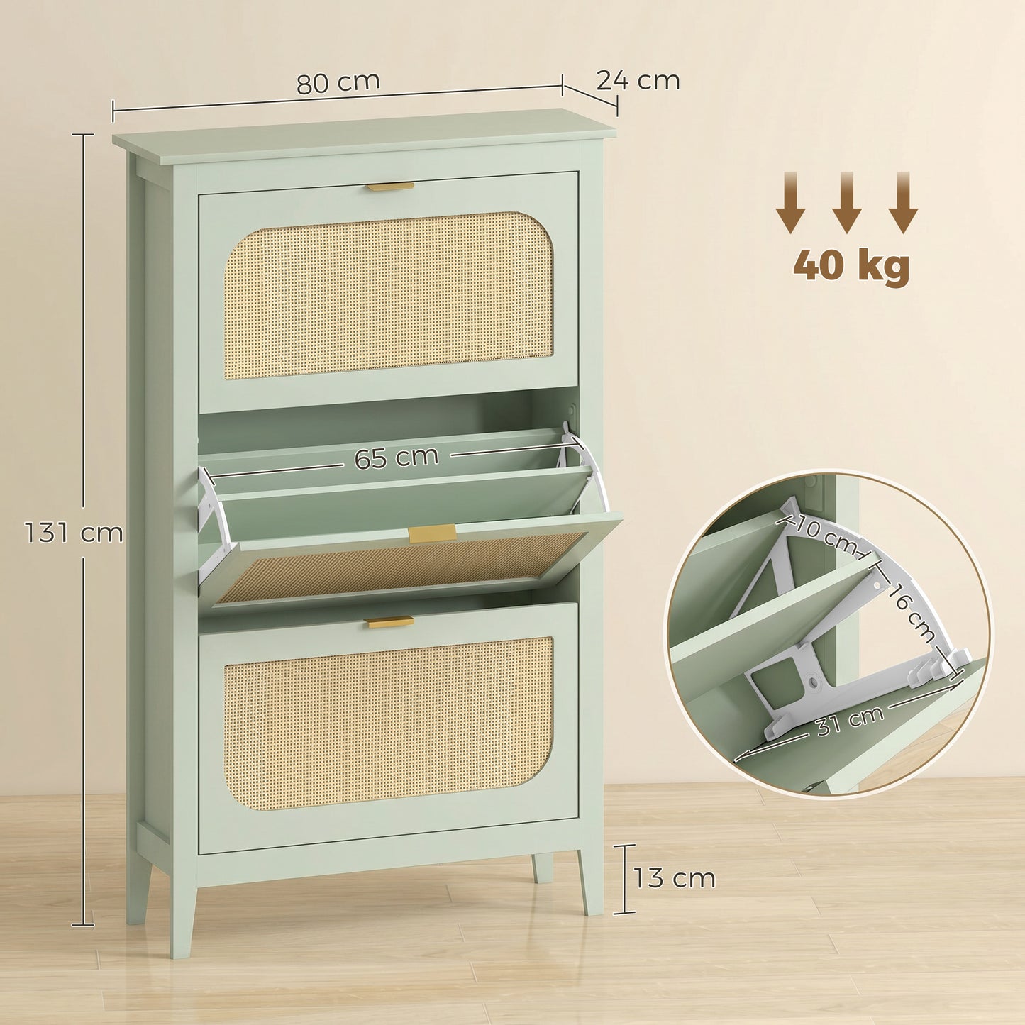 Boho Slim Shoe Cabinet with Rattan Doors, Holds 21 Pairs, Green
