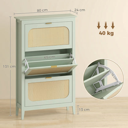 Boho Slim Shoe Cabinet with Rattan Doors, Holds 21 Pairs, Green