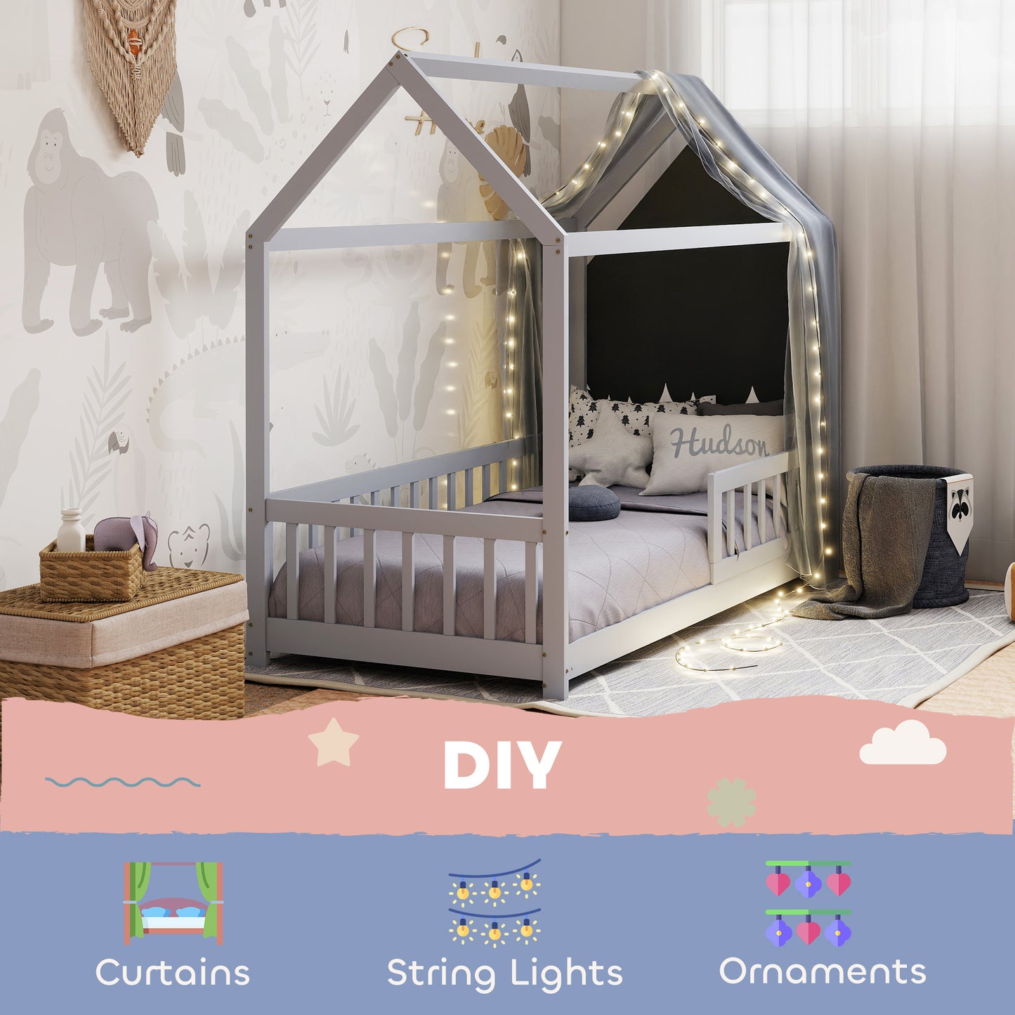 House-Shaped Kids Bed Frame with Guard Rails for Boys Girls, Grey