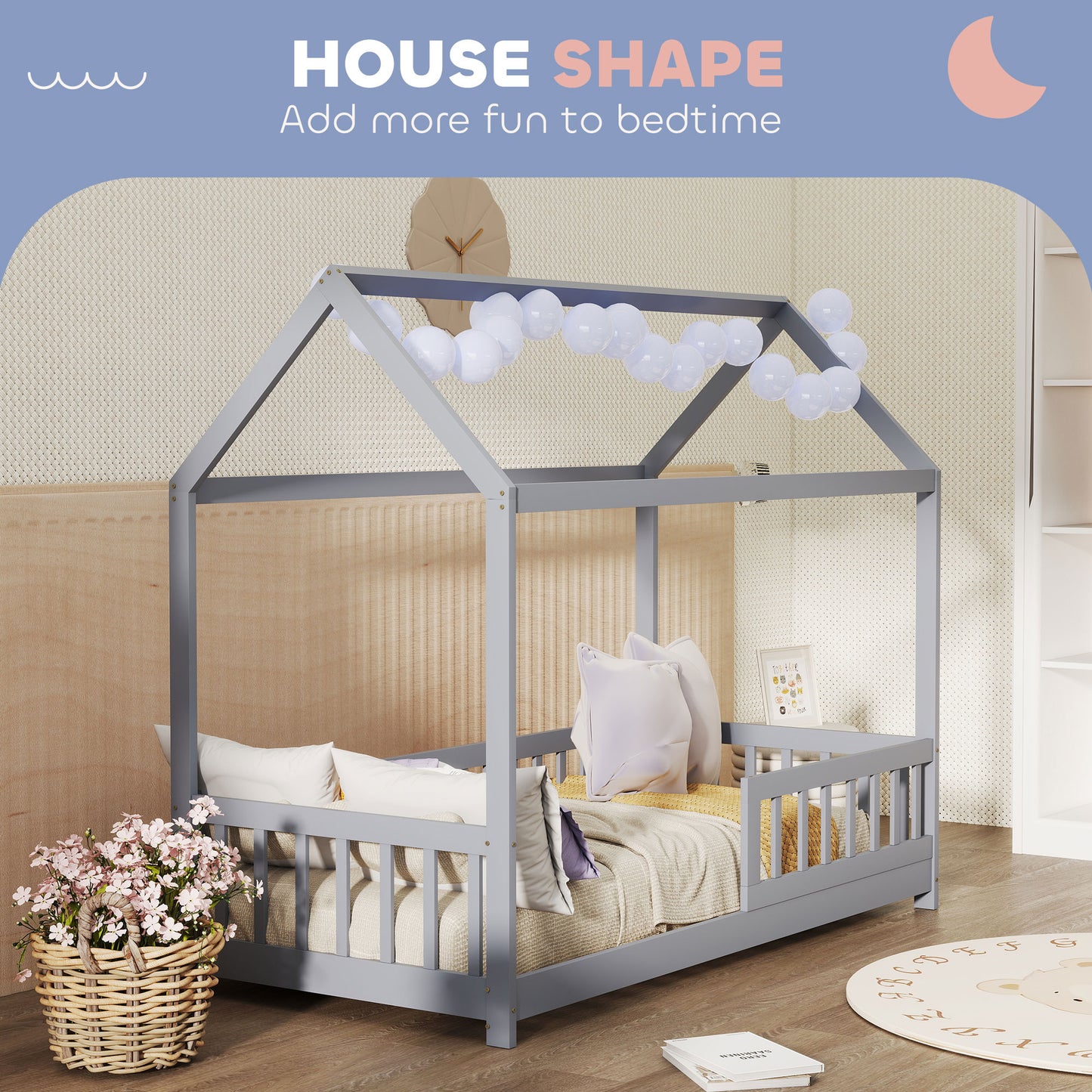 House-Shaped Kids Bed Frame with Guard Rails for Boys Girls, Grey