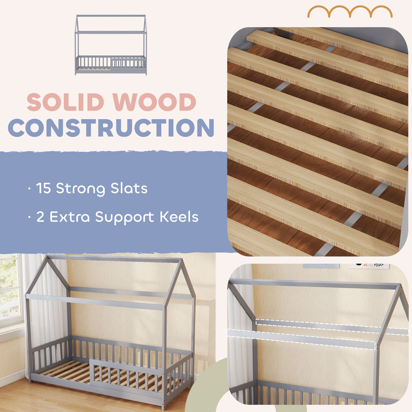 House-Shaped Kids Bed Frame with Guard Rails for Boys Girls, Grey