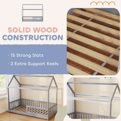 House-Shaped Kids Bed Frame with Guard Rails for Boys Girls, Grey