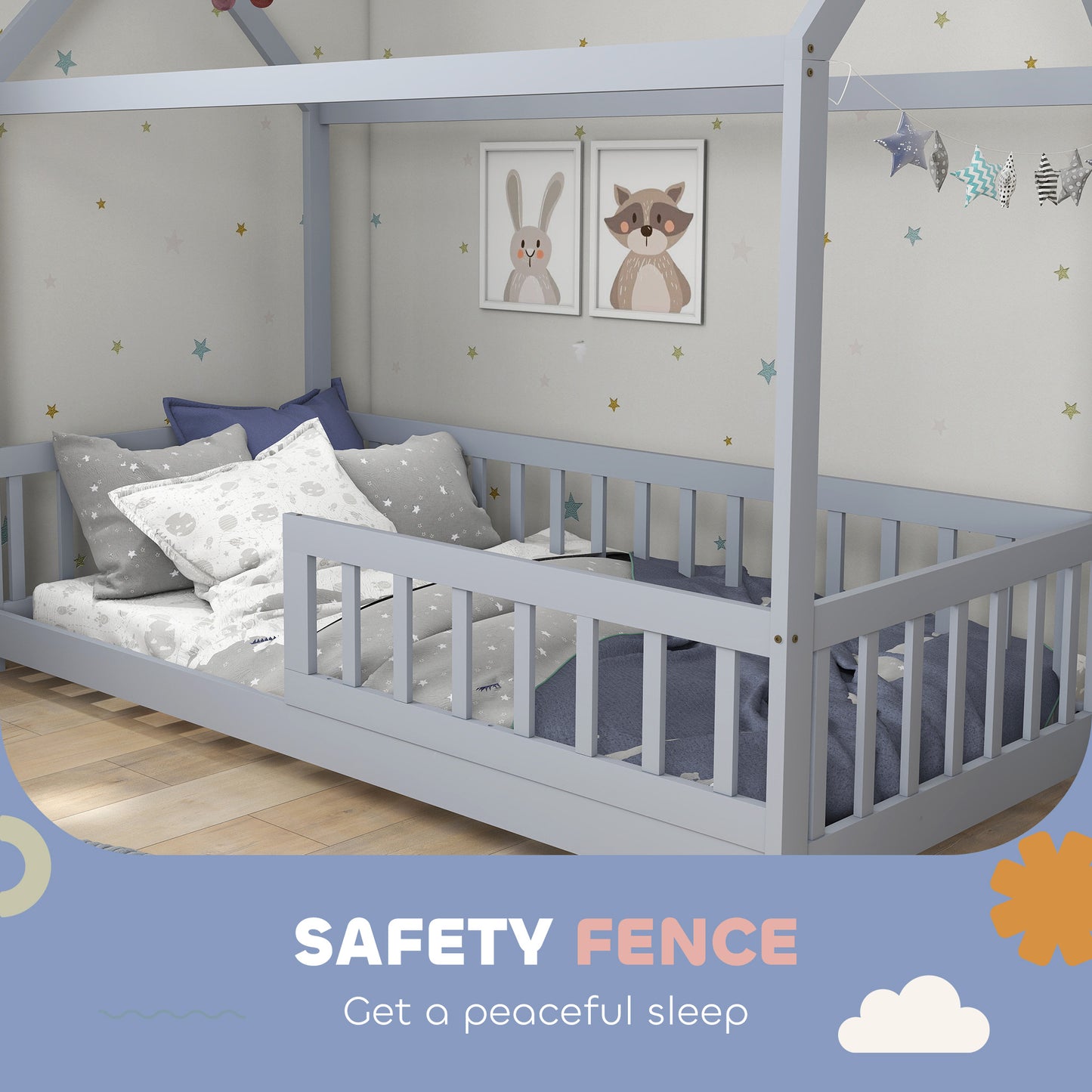 House-Shaped Kids Bed Frame with Guard Rails for Boys Girls, Grey