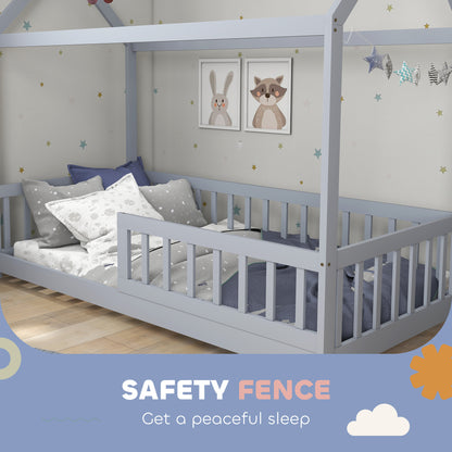 House-Shaped Kids Bed Frame with Guard Rails for Boys Girls, Grey