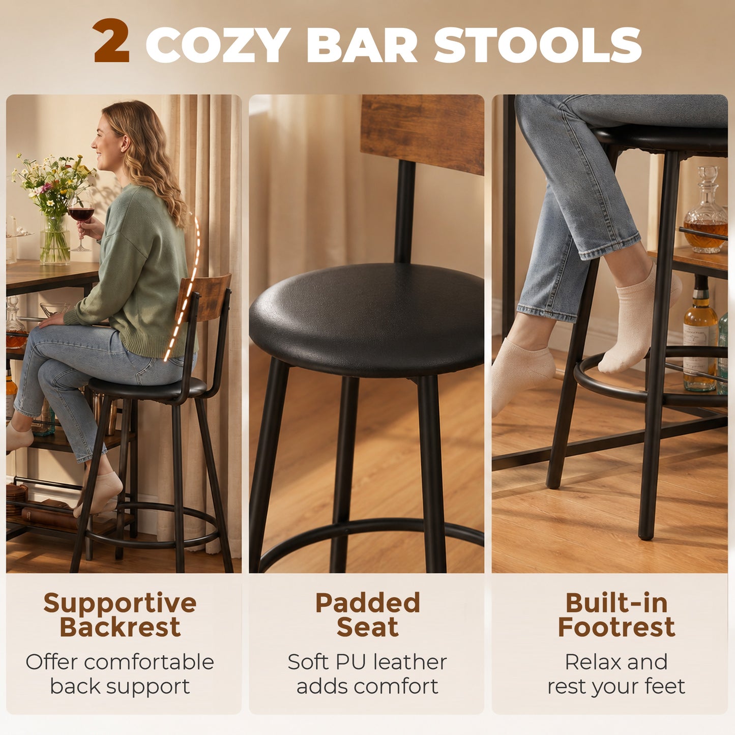 3 Piece Breakfast Bar Table Set, Space Saving Bar Table and PU Leather Stools for 2, Dining Table Set with Storage Shelves, Rustic Brown