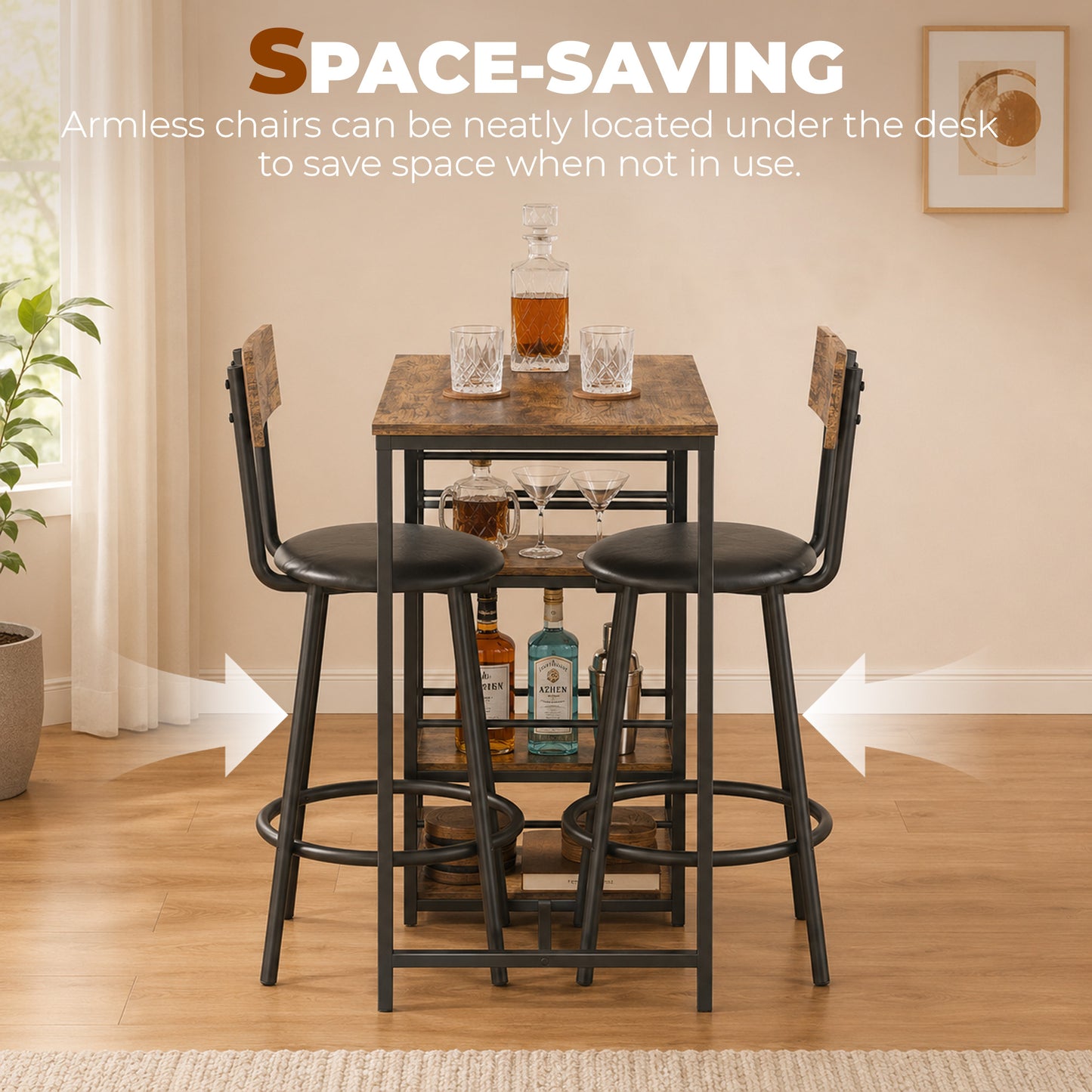 3 Piece Breakfast Bar Table Set, Space Saving Bar Table and PU Leather Stools for 2, Dining Table Set with Storage Shelves, Rustic Brown