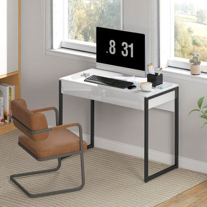 Modern Home Office Desk with High Gloss 2 Drawers Finish White Black