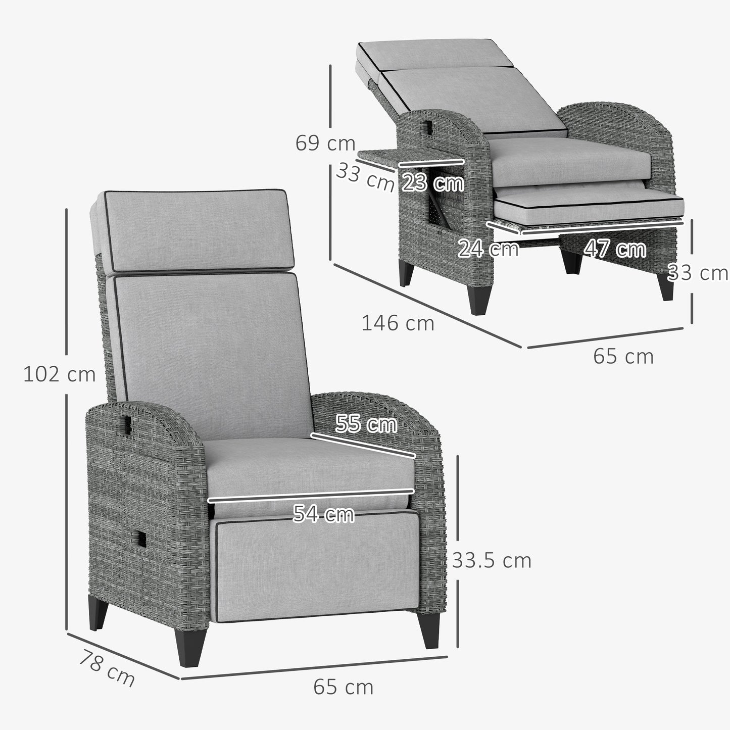 Outdoor Recliner Chair w/ Cushion Rattan Reclining Lounge Chair, Grey