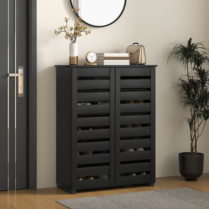 Shoe Storage Cabinet with Slatted Doors for 15 Pairs of Shoes Black