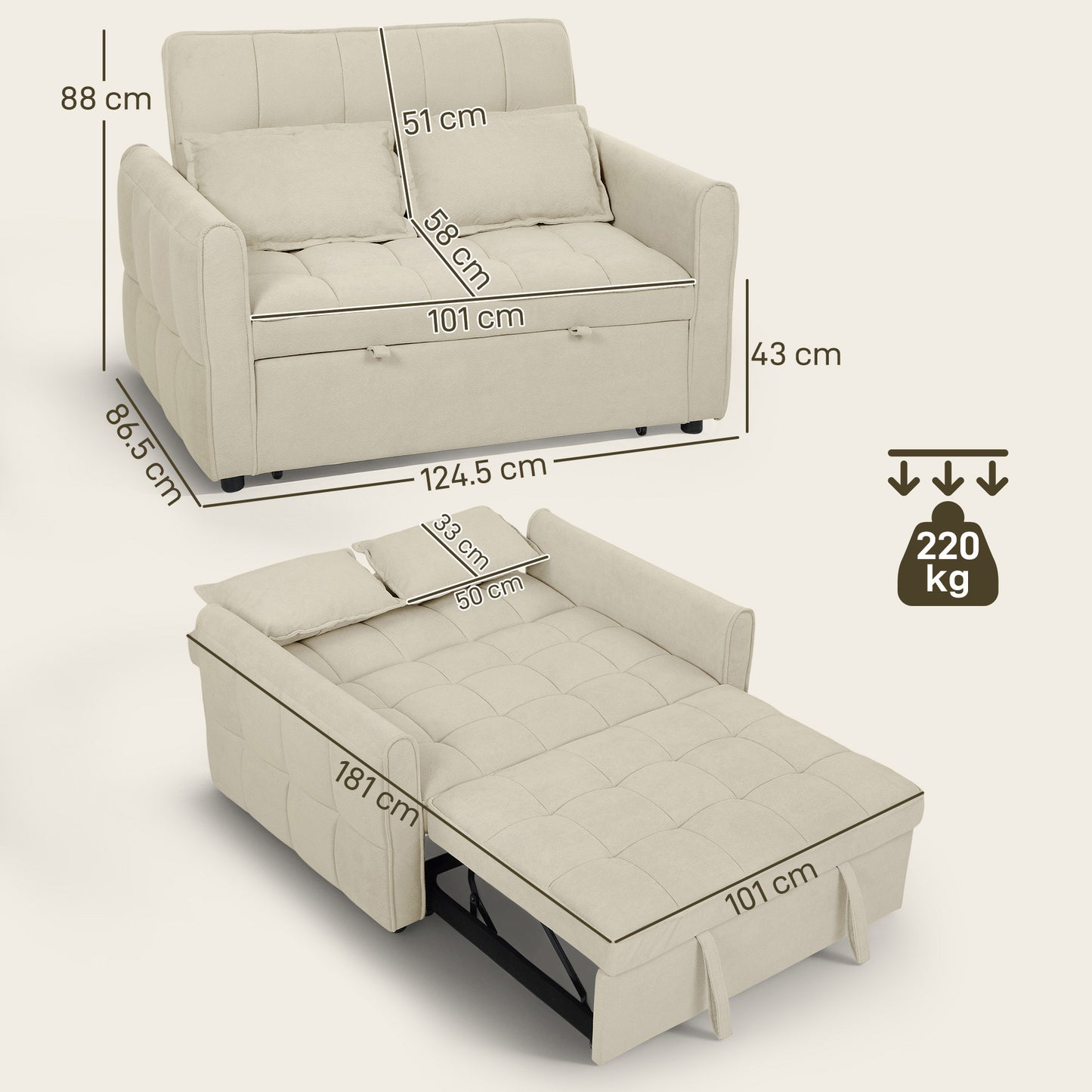 2 Seater Sofa Bed, 3-in-1 Sleeper Sofa with Adjustable Backrest