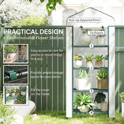 4 Tiers Mini Portable Greenhouse Compact Plant Grow Shed Metal Frame Transparent Clear Cover 165H x 69L x 50W cm, White