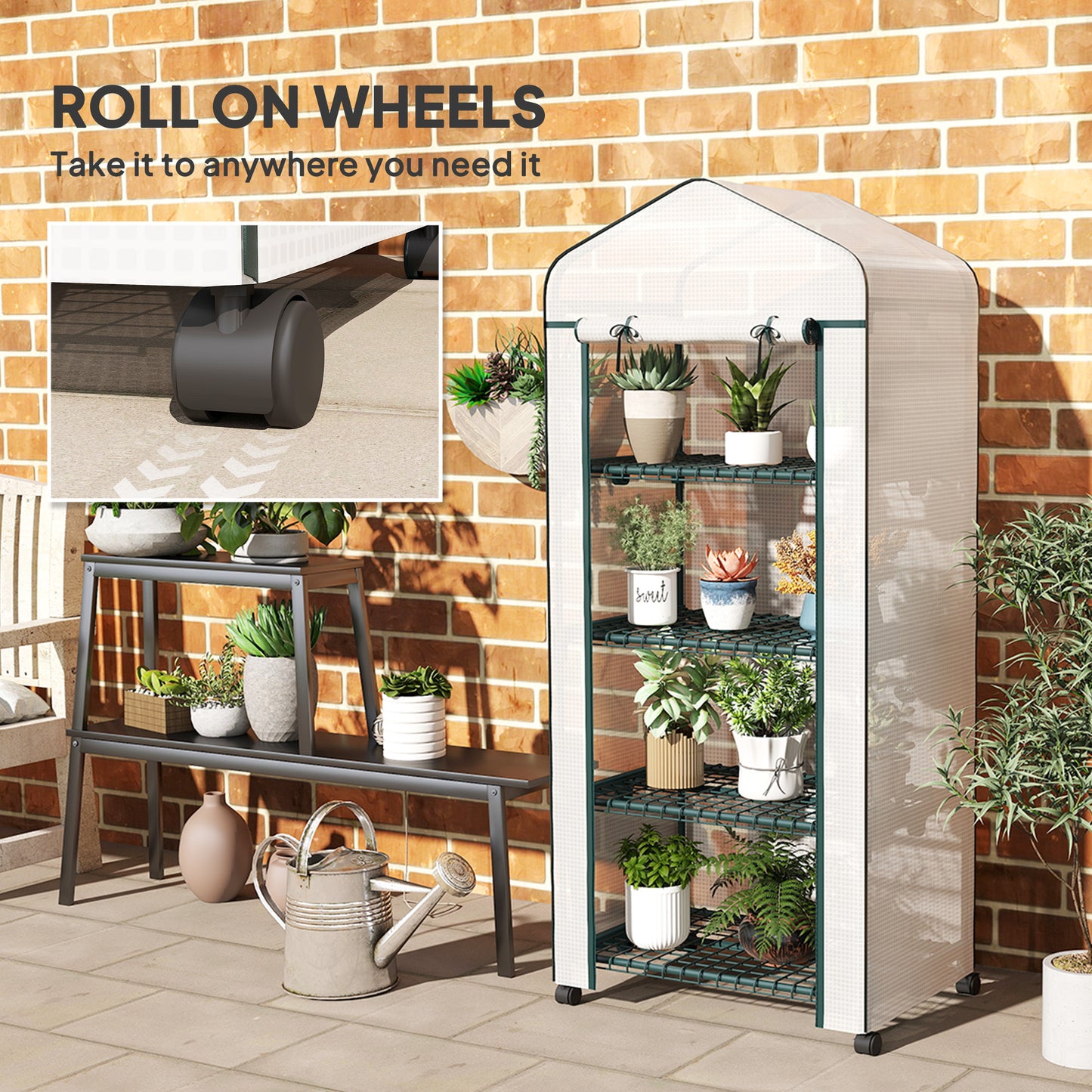4 Tiers Mini Portable Greenhouse Compact Plant Grow Shed Metal Frame Transparent Clear Cover 165H x 69L x 50W cm, White
