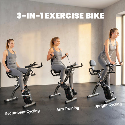 3-In-1 Folding Exercise Bike with Resistance Bands, Indoor Stationary Bike with Bluetooth App, Quiet 8-Level Magnetic Resistance, LCD Display, Pulse Sensor, Adjustable Seat, Wheels, Black