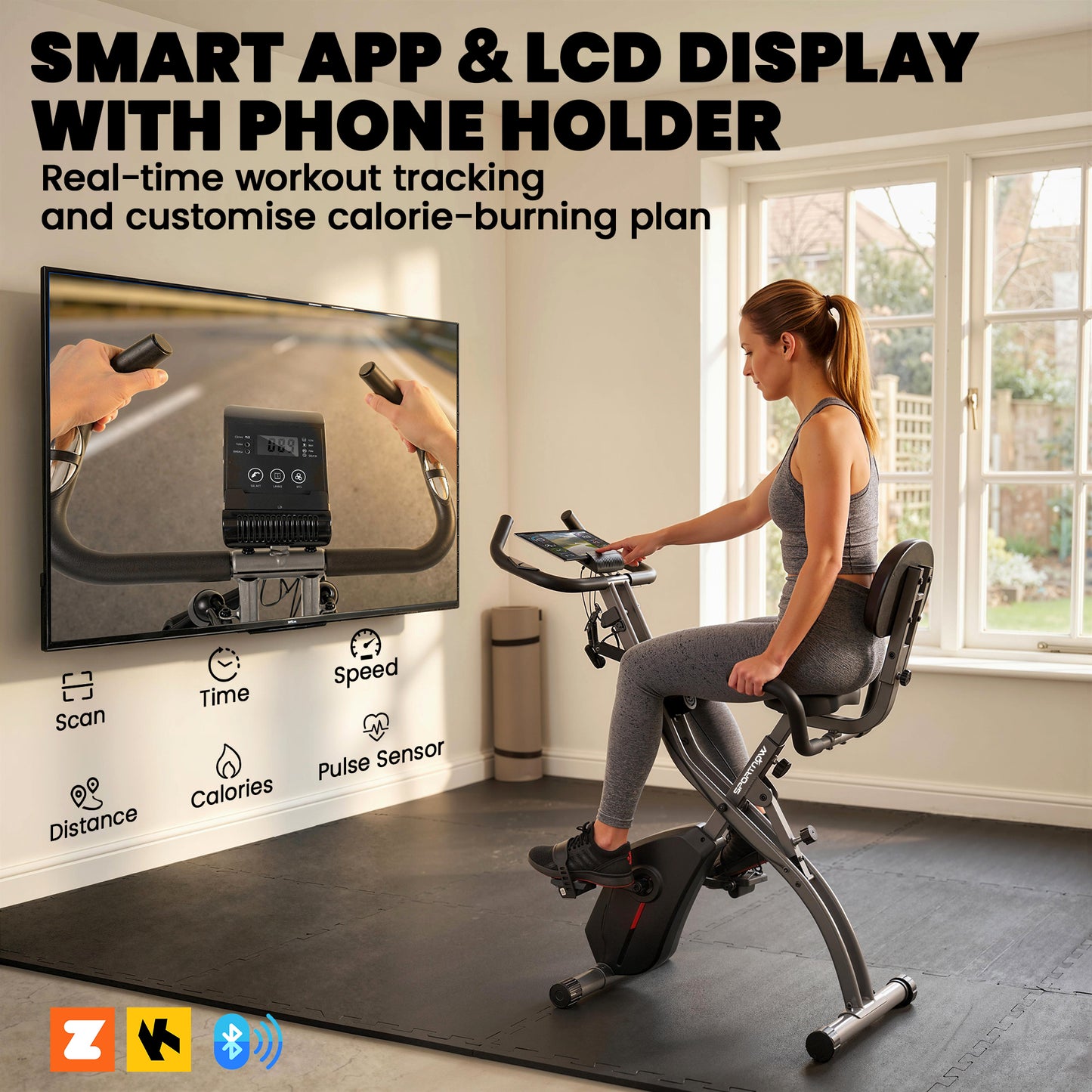 3-In-1 Folding Exercise Bike with Resistance Bands, Indoor Stationary Bike with Bluetooth App, Quiet 8-Level Magnetic Resistance, LCD Display, Pulse Sensor, Adjustable Seat, Wheels, Black