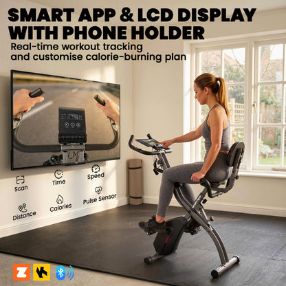 3-In-1 Folding Exercise Bike with Resistance Bands, Indoor Stationary Bike with Bluetooth App, Quiet 8-Level Magnetic Resistance, LCD Display, Pulse Sensor, Adjustable Seat, Wheels, Black