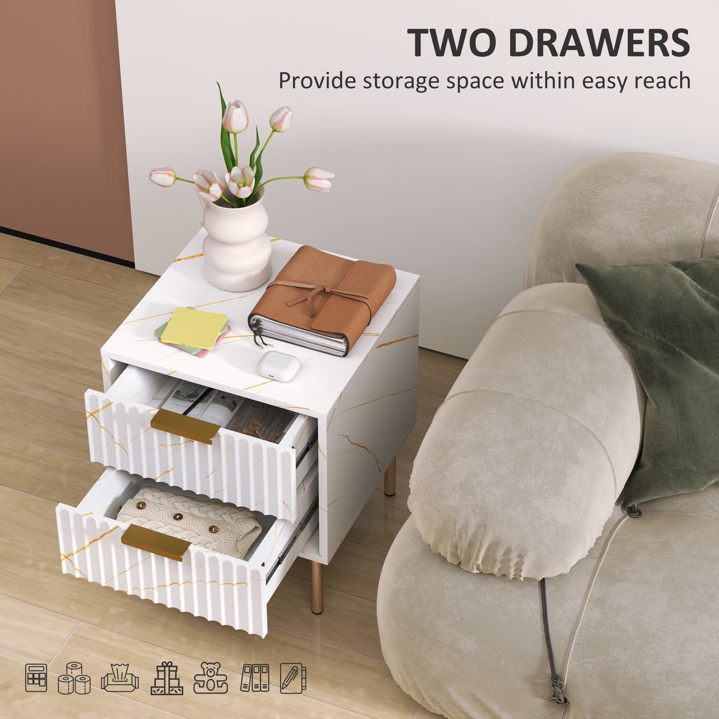 Bedside Table Bedside Cabinet with 2 Drawers for Bedroom, White