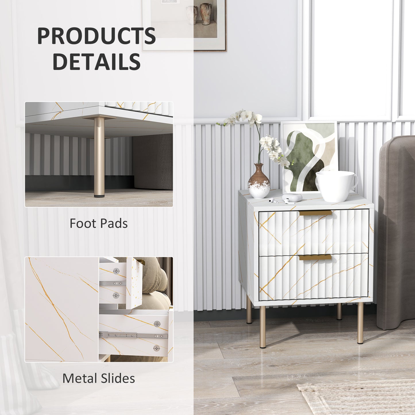 Bedside Table Bedside Cabinet with 2 Drawers for Bedroom, White