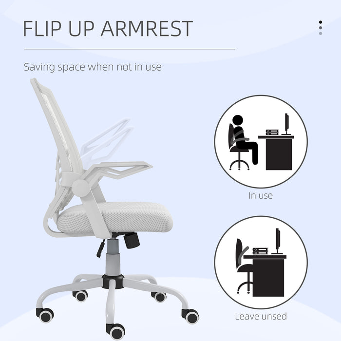 Mesh Office Chair, Computer Desk Chair with Flip-up Armrests, Lumbar Back Support and Swivel Wheels, White