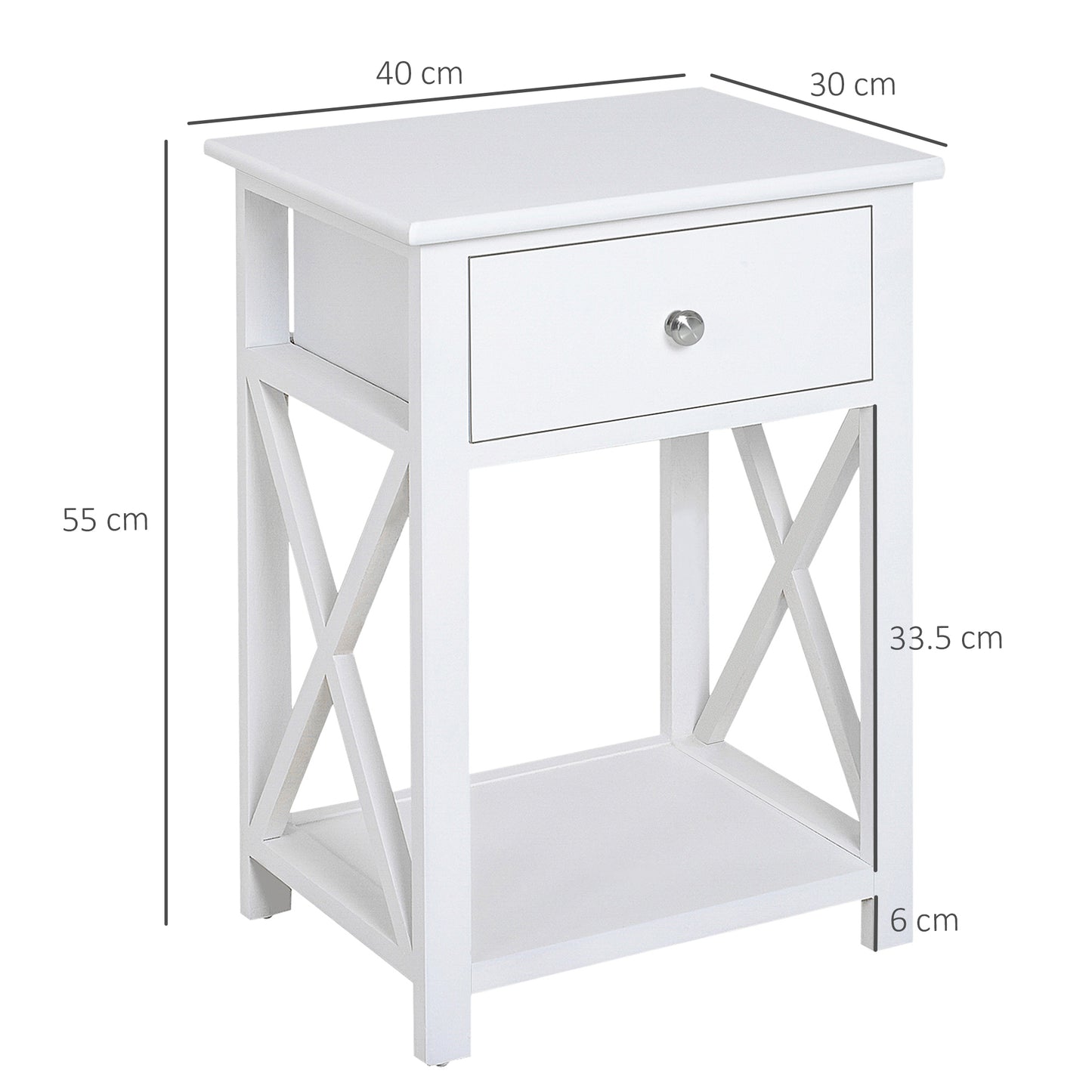 55cm End Side Table w/ Drawer Shelf Home Storage Furniture White