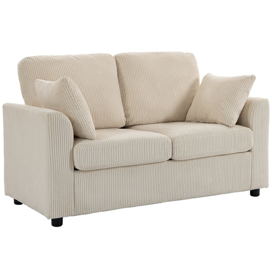 2 Seater Sofa, Corduroy Small Couch with Spring Cushion, Beige