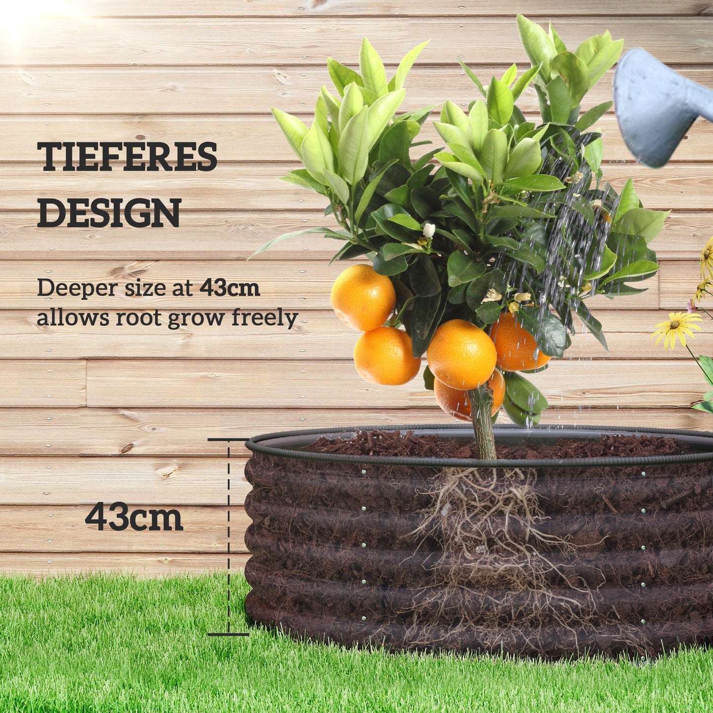 Galvanised Planter with Gloves, 120 x 120 x 43cm, Dark Grey