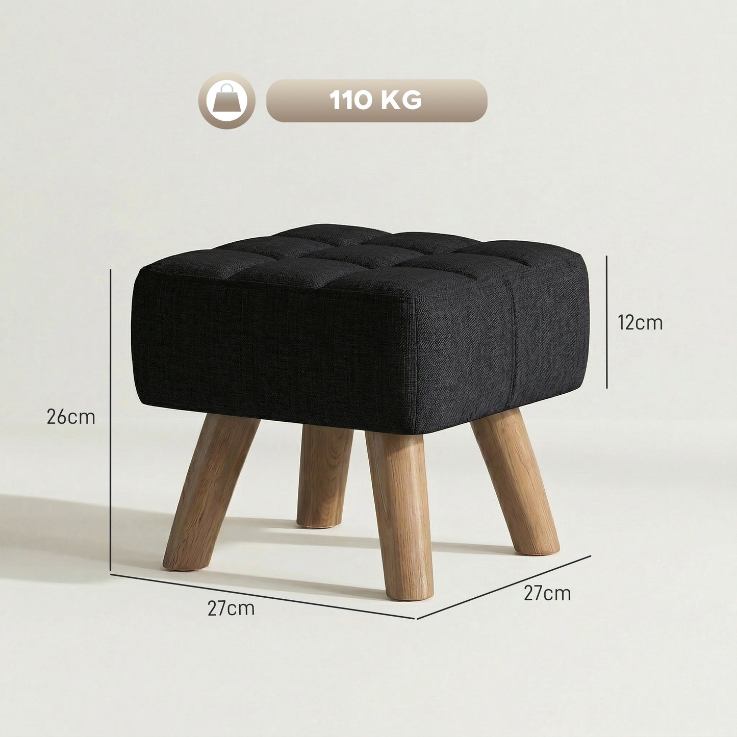 Modern Footstool, Fabric Foot Rest with Rubber Wood Legs, Black