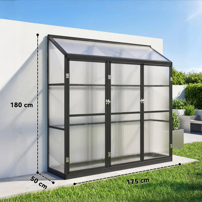 6 x 1.5ft Polycarbonate Greenhouse with 3 Hinged Doors, Top Vent, Lean-to Green House, Aluminium Walk-in Greenhouse for Patio Garden, Black