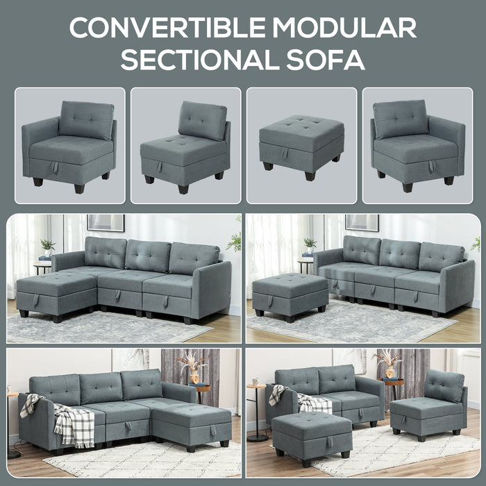 Convertible Modular Sectional Sofa w/ Storage Wood Frame Dark Grey