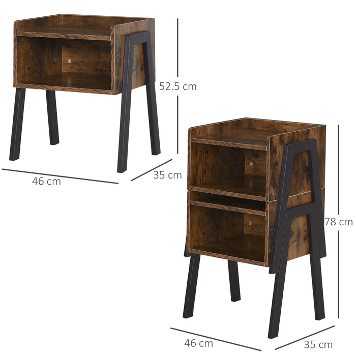 Set Of 2 Industrial Side Tables Stacking Duo w/ Compartment Steel Frame