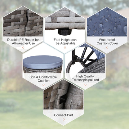 5-Seater Rattan Garden Furniture Cushioned Wicker Round  Bed with Coffee Table Patio Conversation Furniture Set, Grey with Blue Cushions