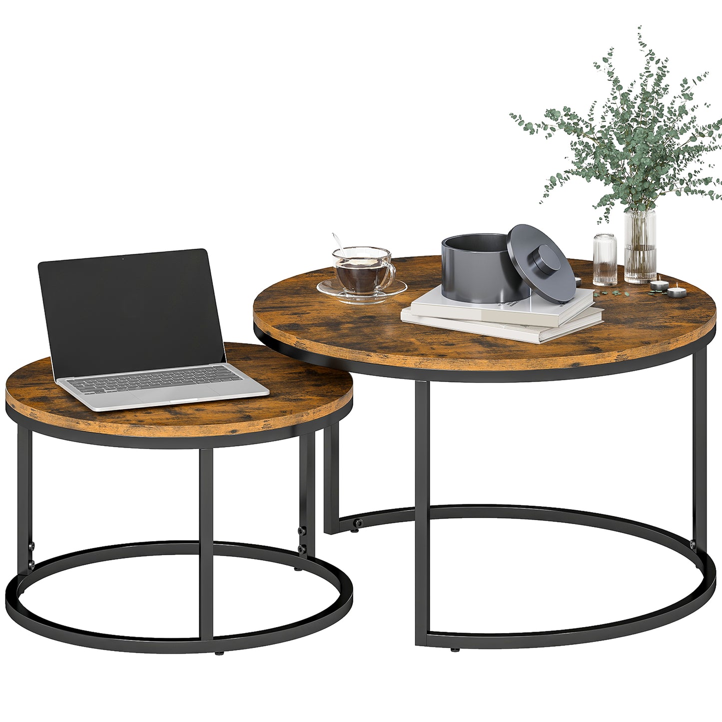 2 Pcs Stacking Coffee Table Set with Steel Frame, Rustic Brown