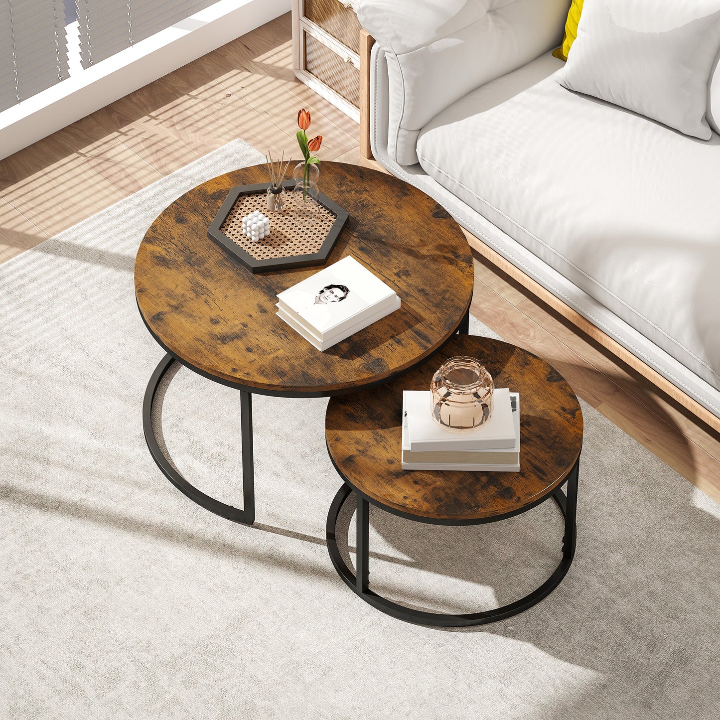2 Pcs Stacking Coffee Table Set with Steel Frame, Rustic Brown