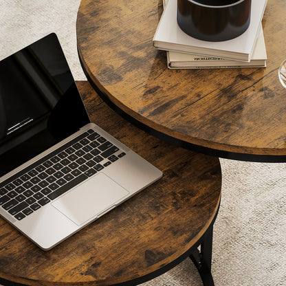 2 Pcs Stacking Coffee Table Set with Steel Frame, Rustic Brown