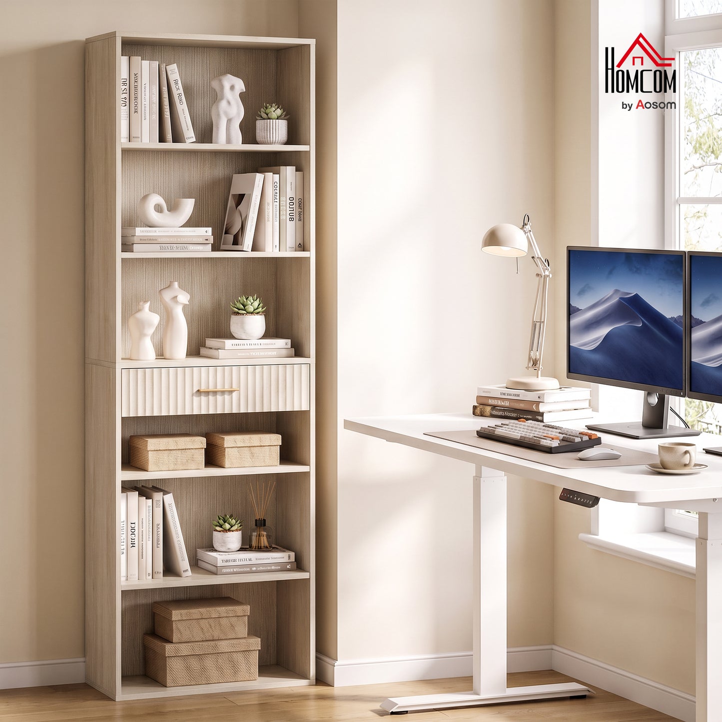 Tall Bookcase with Cubes, 7-Tier Bookshelf with Drawer, Oak