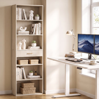Tall Bookcase with Cubes, 7-Tier Bookshelf with Drawer, Oak