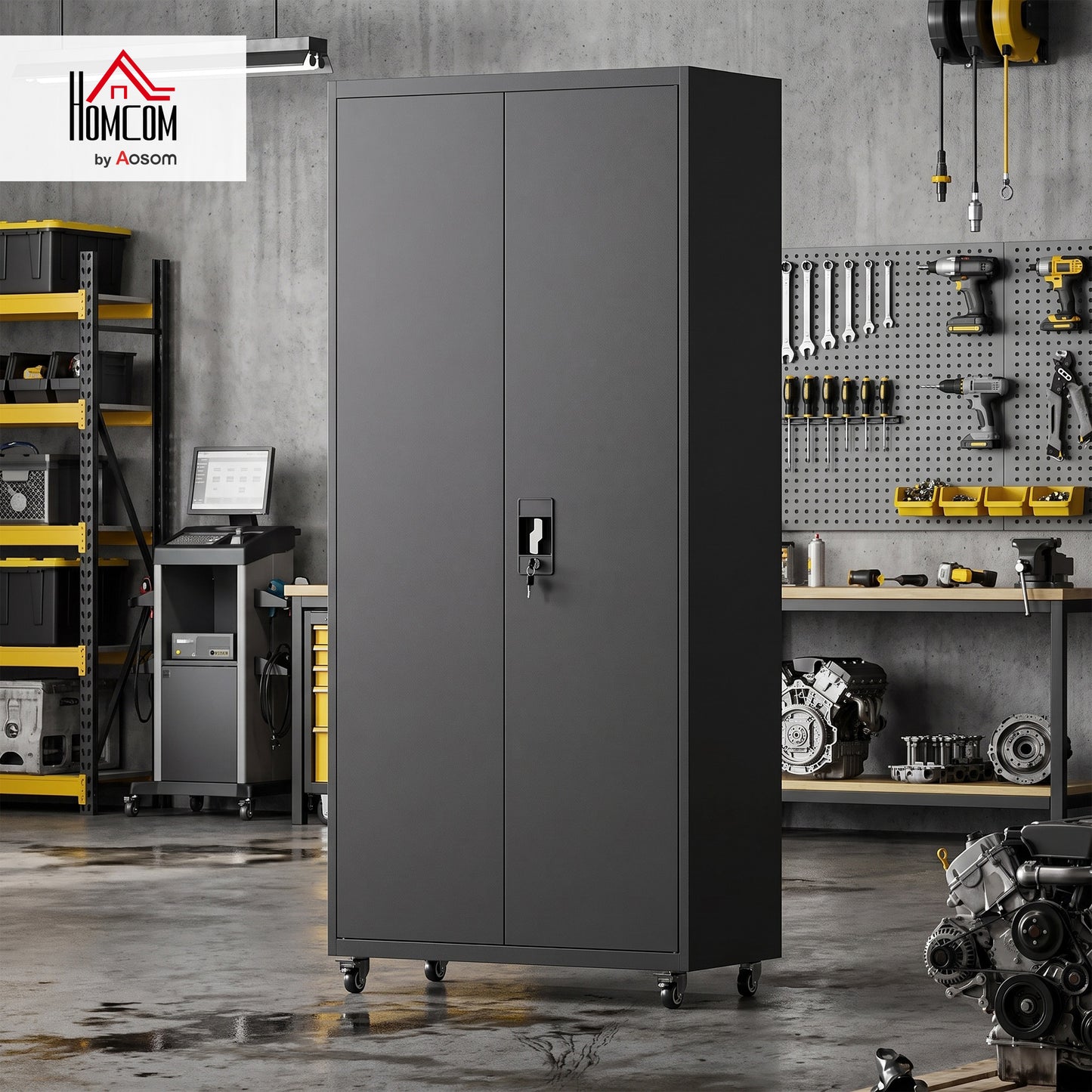 Metal Storage Cabinet with Removable Wheels and Adjustable Shelves