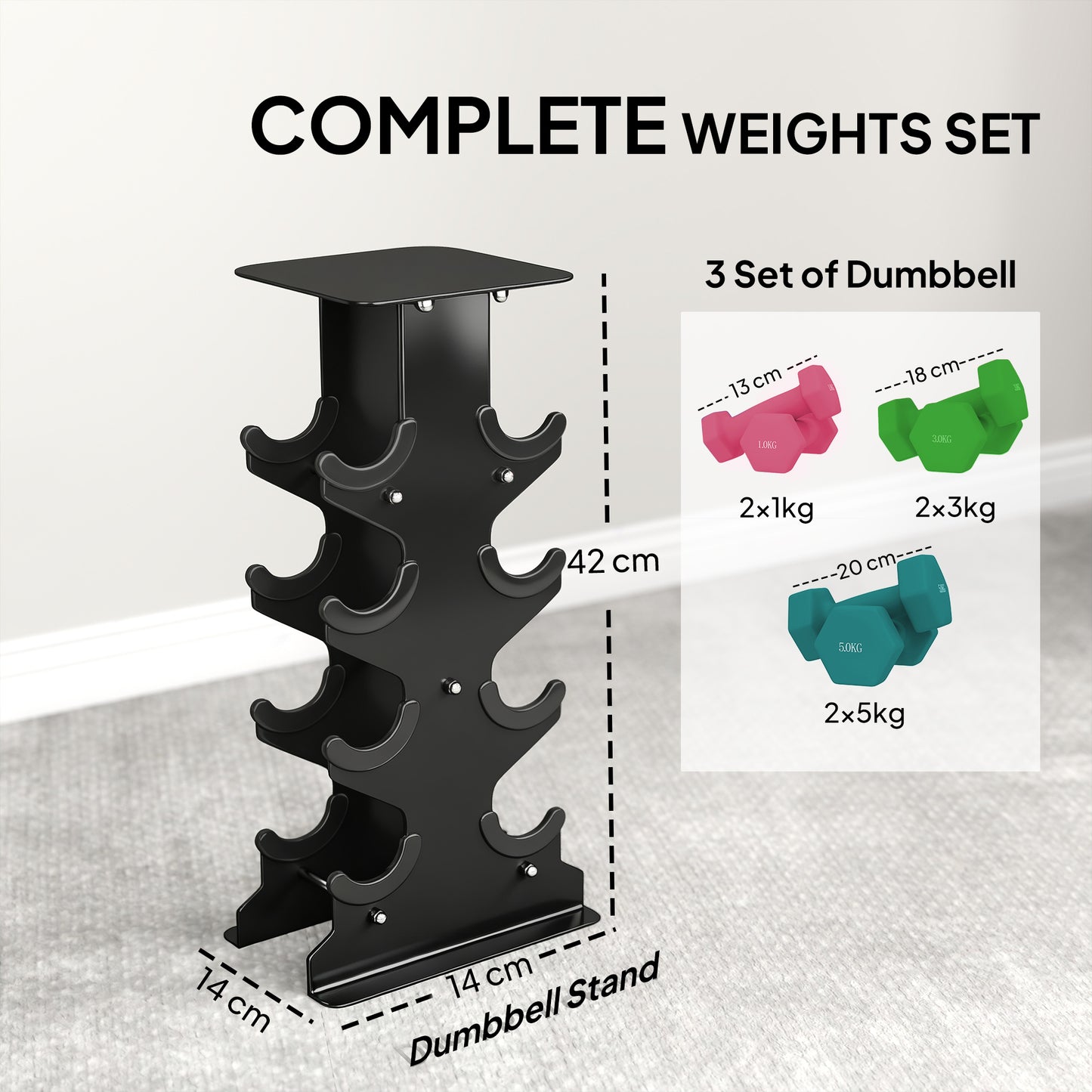 Hex Dumbbells Set with Dumbbell Rack, 2 x 1kg, 2 x 3kg, 2 x 5kg