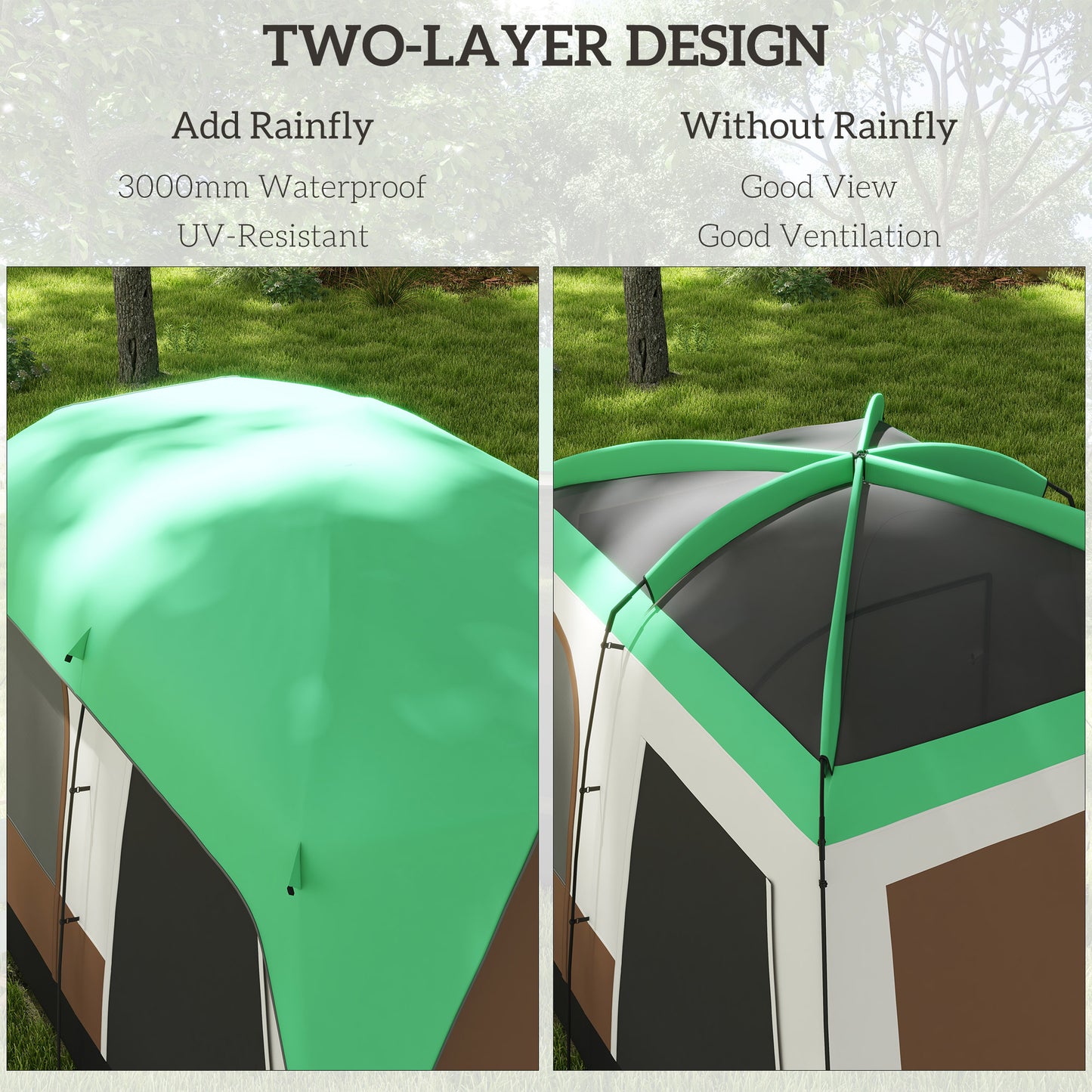Camping Tent with 3000mm Waterproof Rainfly & Screen Panels, Green