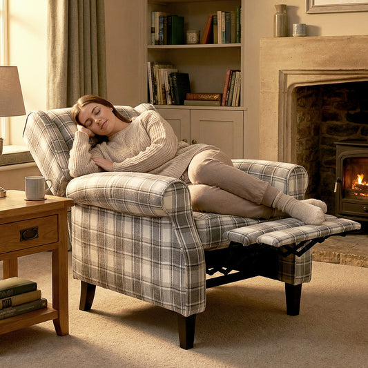 Wingback Recliner Chair with Checked Linen-Feel Upholstery and Padded Armrests
