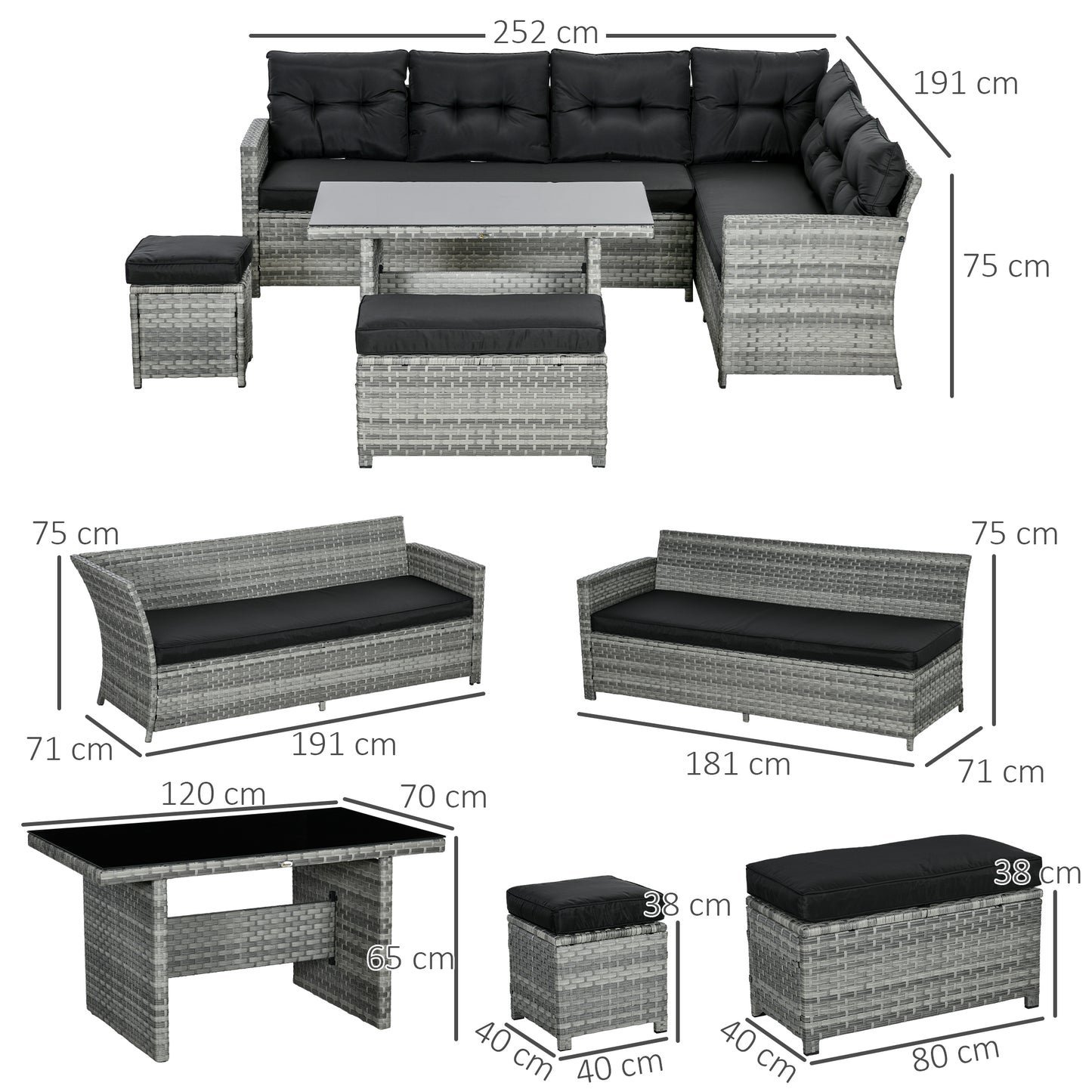 5 PCs Rattan Garden Furniture Set with Stools, Table, Cushion, Grey