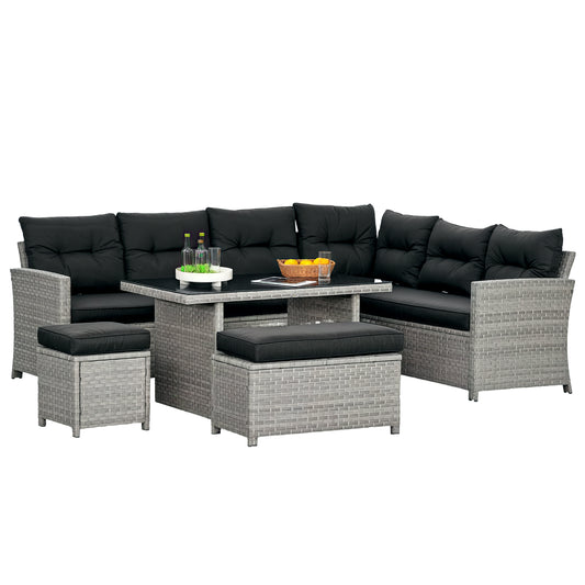 5 PCs Rattan Garden Furniture Set with Stools, Table, Cushion, Grey