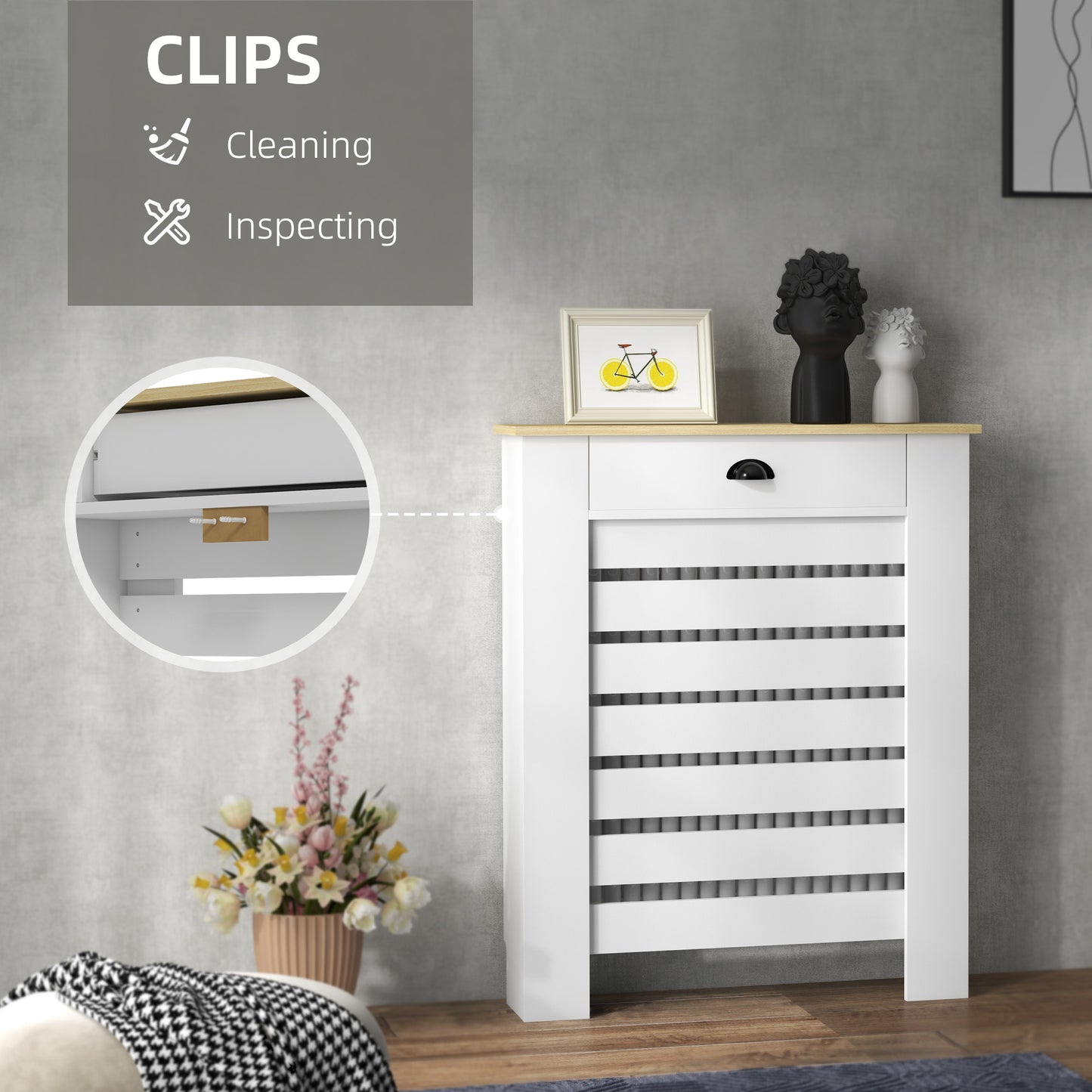 Radiator Cover with Drawer, Horizontal Slat, 78cm, White