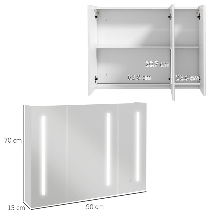 Kleankin Bathroom Wall Wardrobe with Light, Bathroom Storage Cupboard with USB Charge, Adjustable Shelf, 90L x 15H x 70Dcm, White